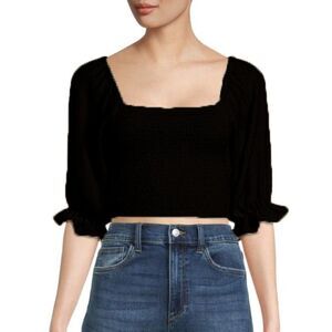BCBGeneration Women's Black Smocked Puff Sleeves Crop Top Size Large